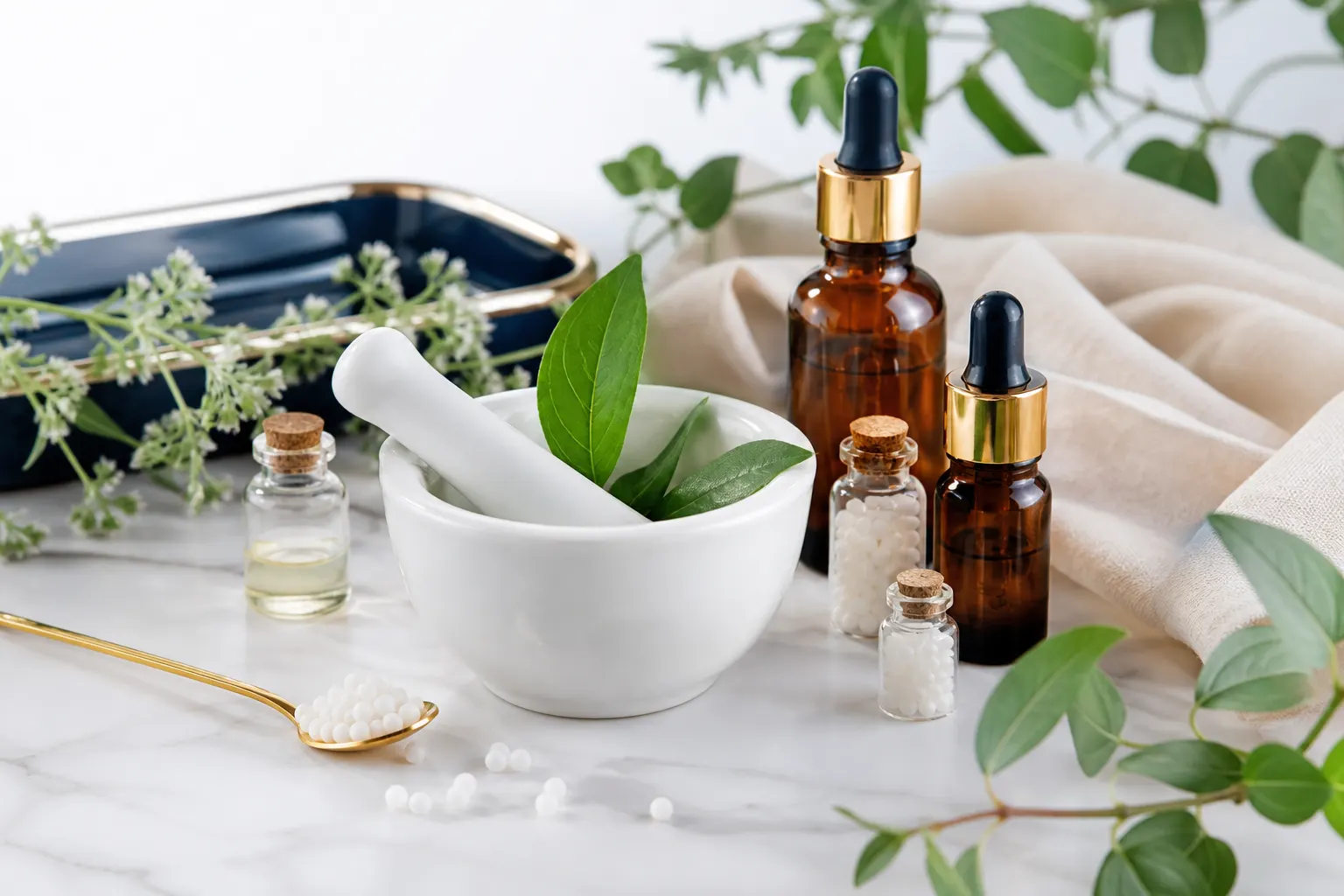 Homeopathic globules, mortar and botanical ingredients