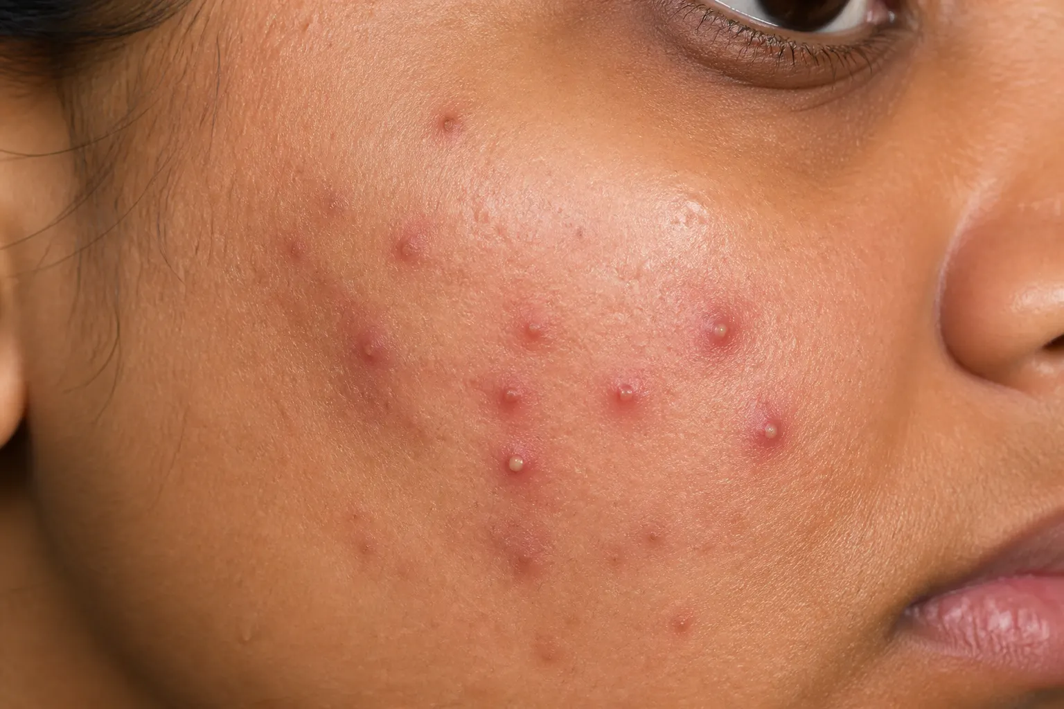 Close-up of red inflamed pimples on facial skin