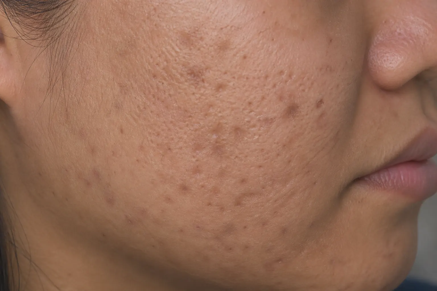 Close-up of post-acne dark marks and scars