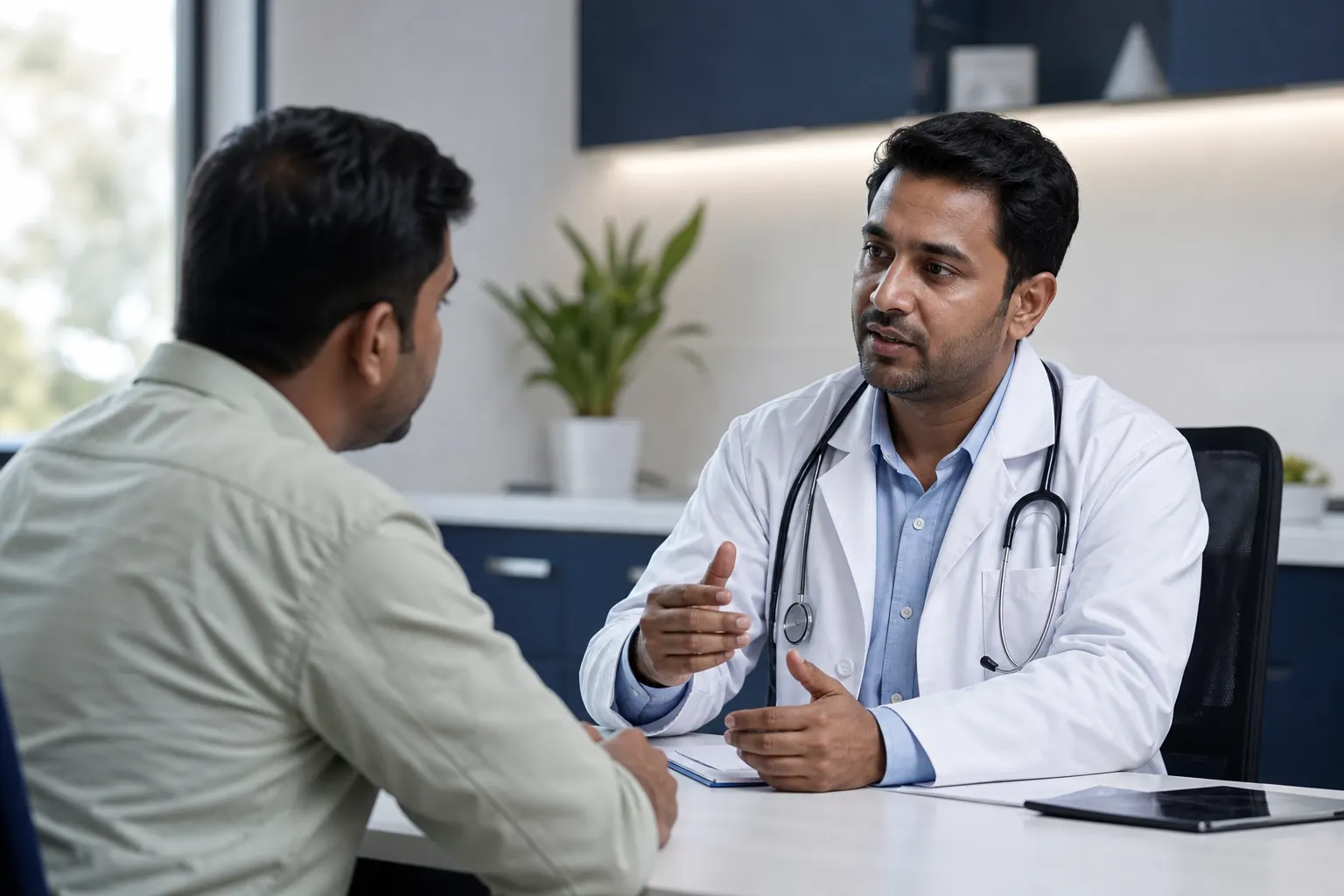 Patient discussing a health concern with a doctor in a calm private clinic