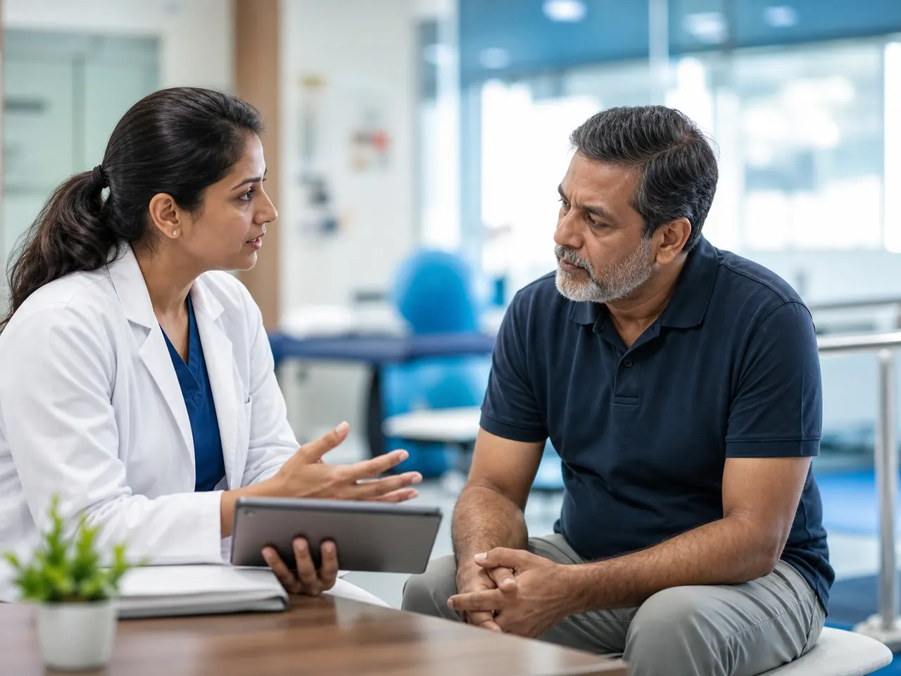 Healthcare professional consulting an adult patient about neurological rehabilitation