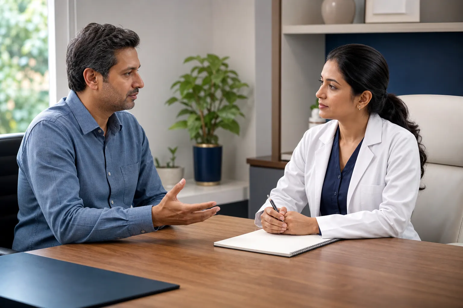 Doctor consulting a patient about psoriasis in a private clinic