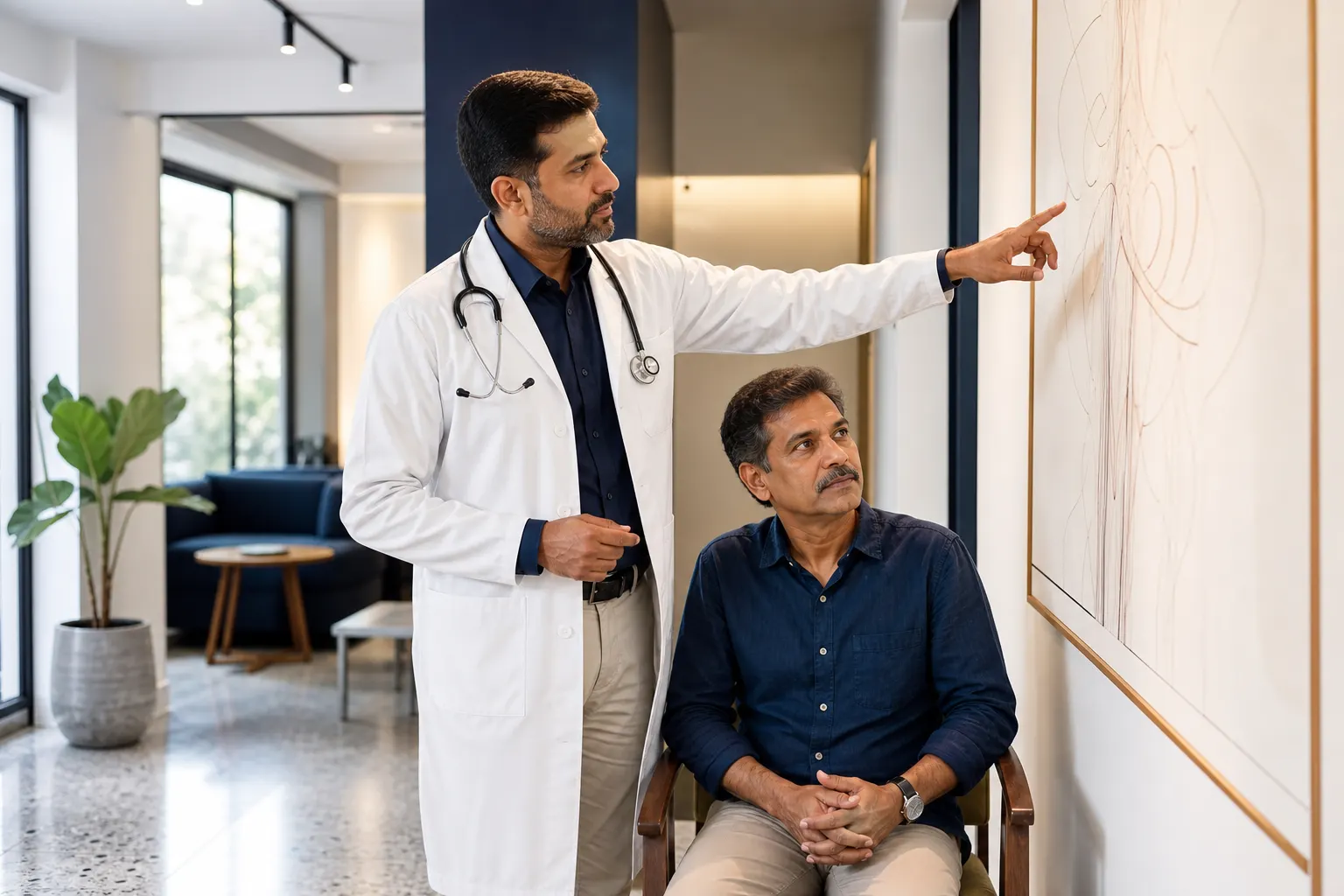 Doctor explaining a treatment plan to a patient in a bright private clinic